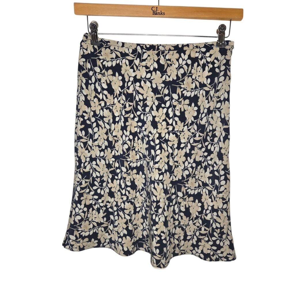 Vintage Amanda Smith Pure Silk Navy Blue Cream Floral Print A-Line Skirt Size 10